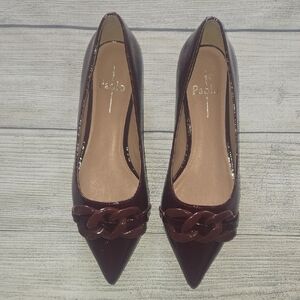 Linea Paolo Nora Patent Pointy Toe Resin Chain Keeper Flats Dark Red Size 7
